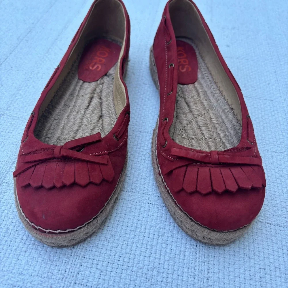 Women's 7 Y2K KORS Michael Kors Red Suede Espadrille Kiltie Bow Moc Toe Flats